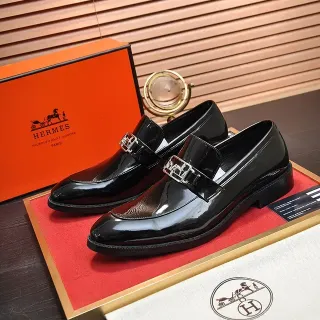 Hermès Black Gold Glossy Patent Leather Single Buckle Strap Monk Shoes