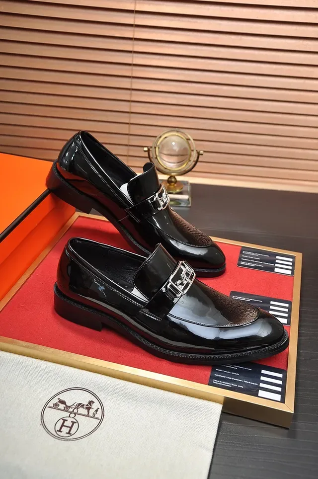 Hermès Black Gold Glossy Patent Leather Single Buckle Strap Monk Shoes 4