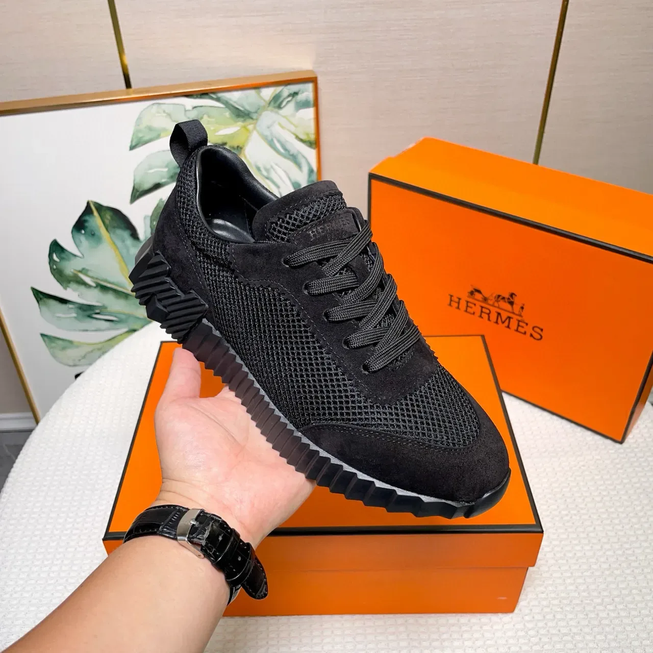 হার্মেস কালো Mesh-Suede হাইব্রিড উপর জীবনধারা স্নিকার 4