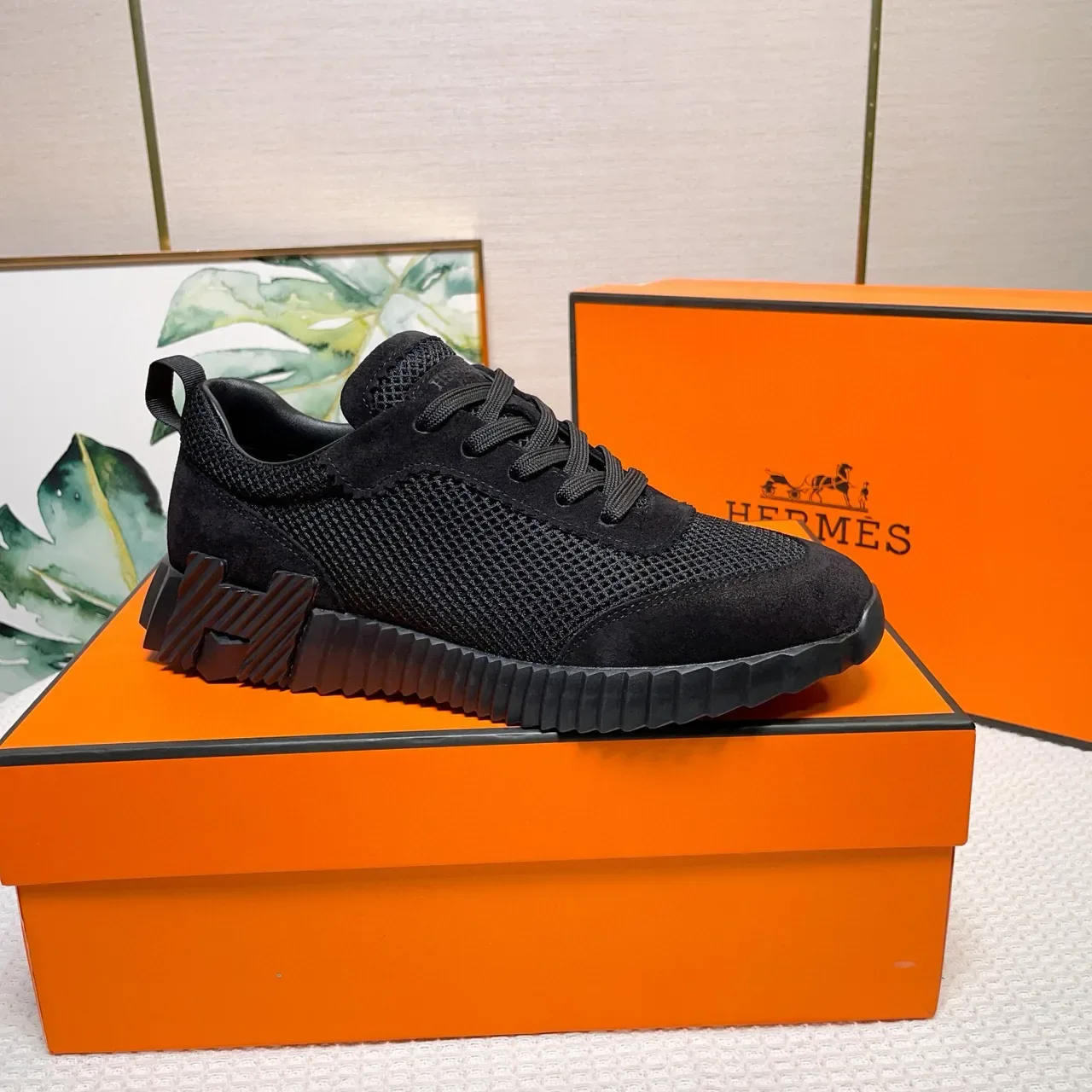 হার্মেস কালো Mesh-Suede হাইব্রিড উপর জীবনধারা স্নিকার 5
