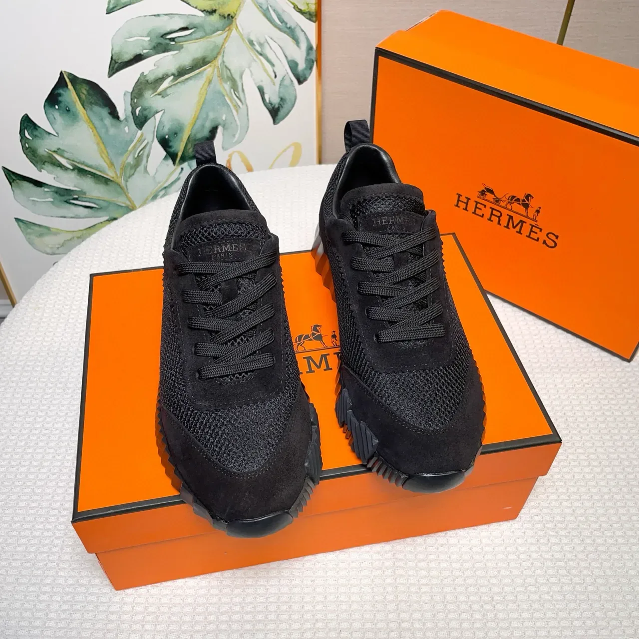 হার্মেস কালো Mesh-Suede হাইব্রিড উপর জীবনধারা স্নিকার 6