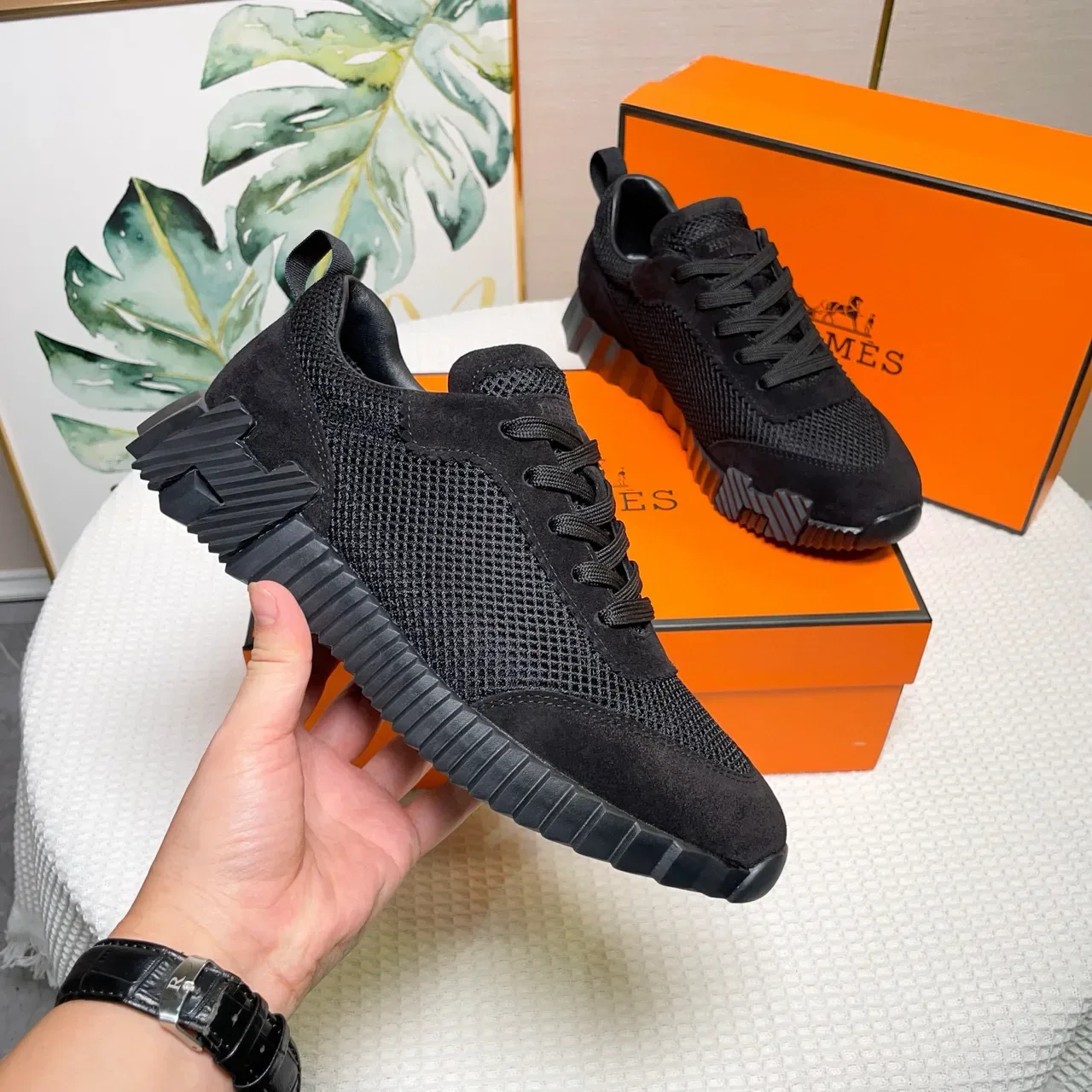 হার্মেস কালো Mesh-Suede হাইব্রিড উপর জীবনধারা স্নিকার 8