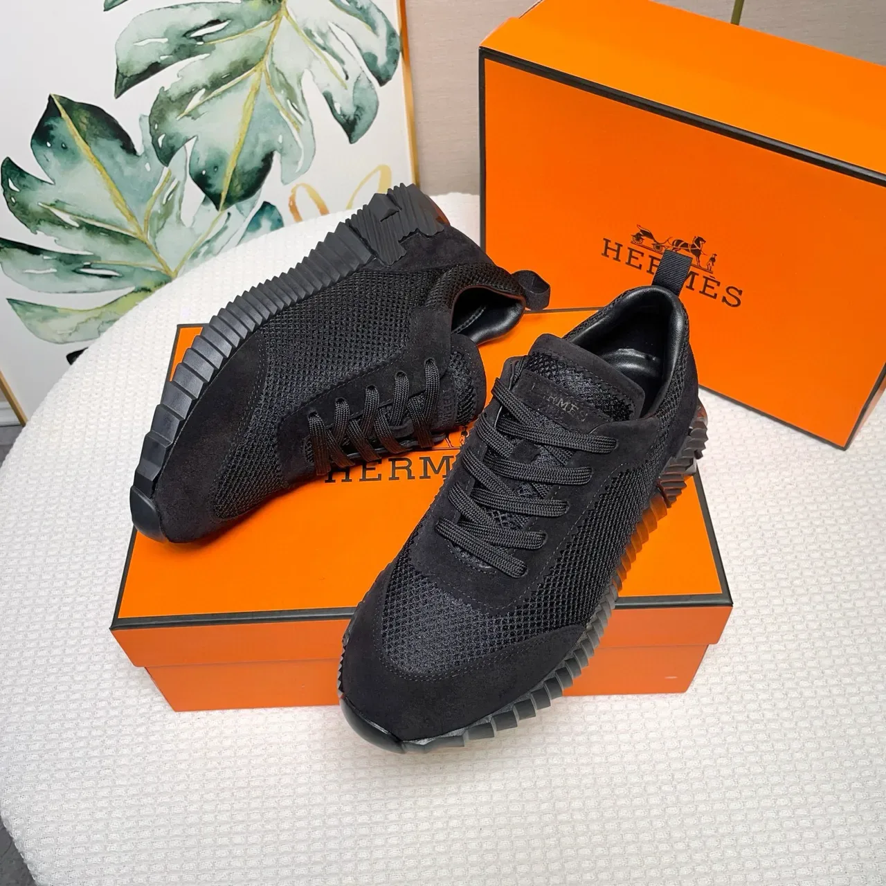হার্মেস কালো Mesh-Suede হাইব্রিড উপর জীবনধারা স্নিকার 9