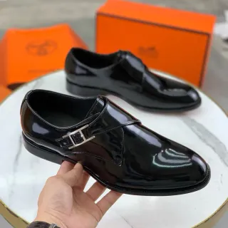 Hermès Black Silver Glossy Patent Leather Single Strap Monk Shoes