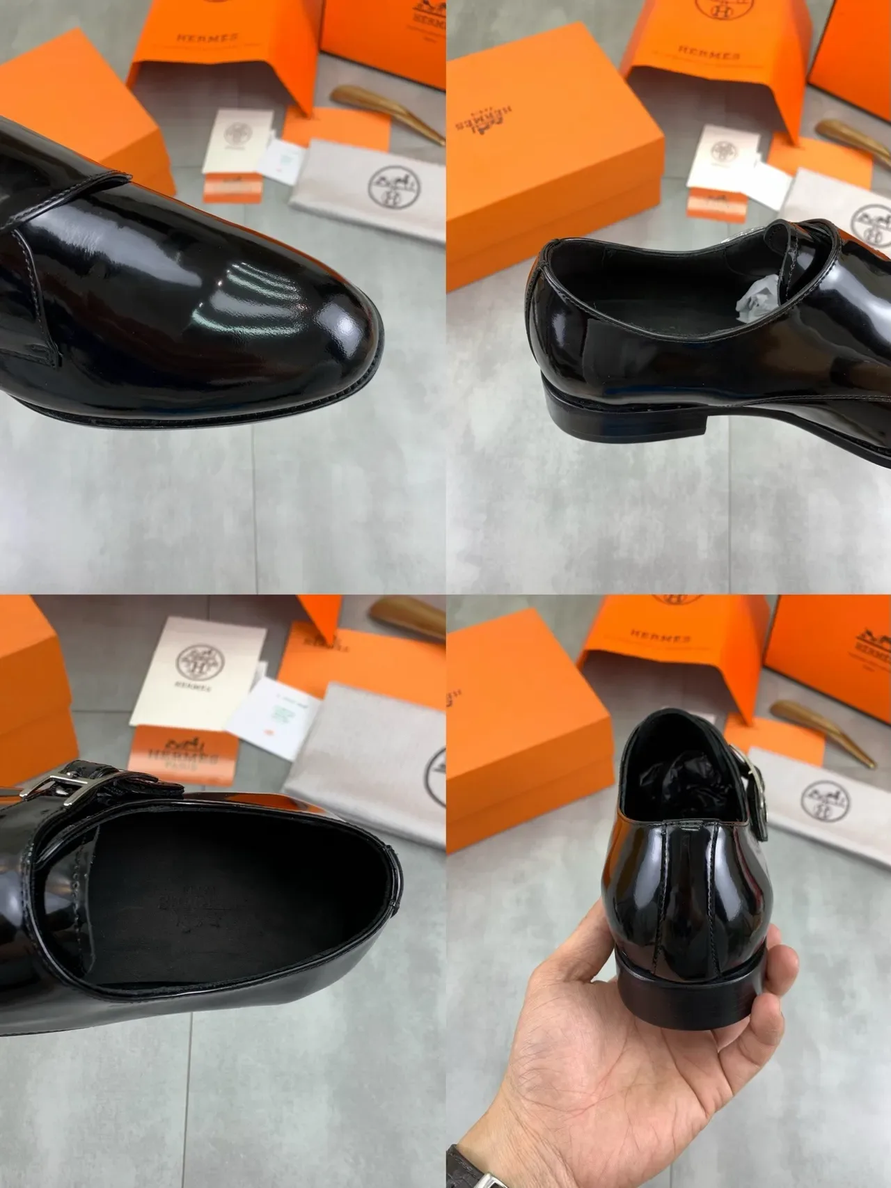 Hermès Black Silver Glossy Patent Leather Single Strap Monk Shoes 3