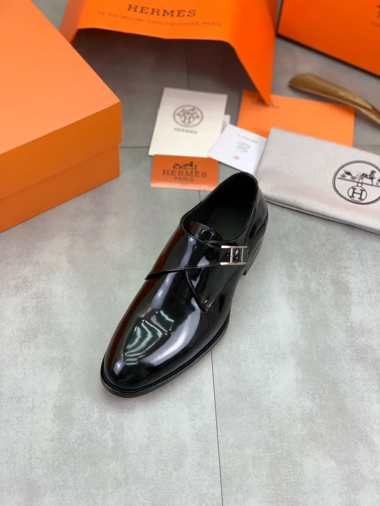 Hermès Black Silver Glossy Patent Leather Single Strap Monk Shoes 5
