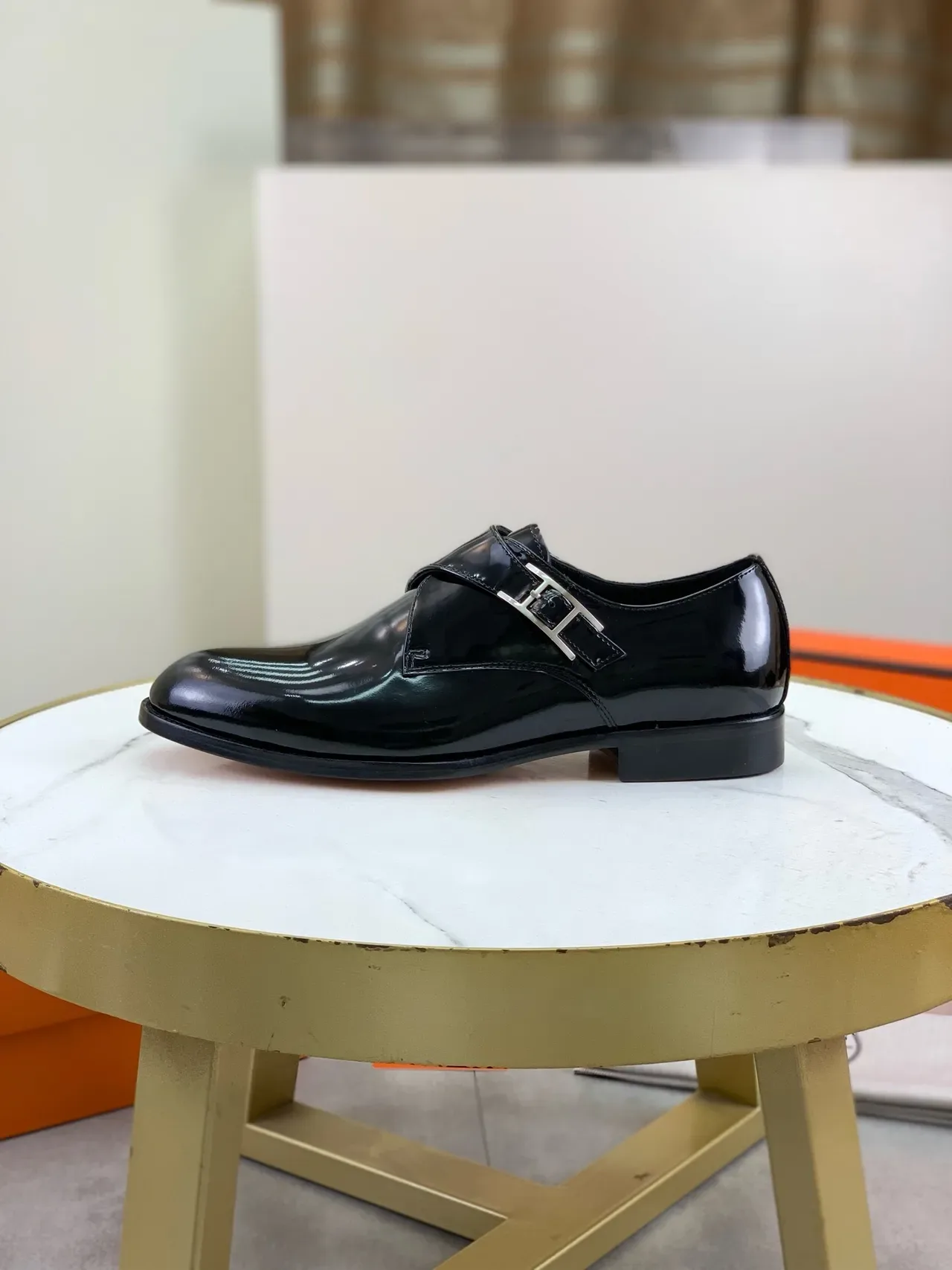 Hermès Black Silver Glossy Patent Leather Single Strap Monk Shoes 6