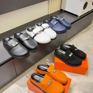 Hermès Black Silver Leather Upper Metal H-Buckle Strap Loafer