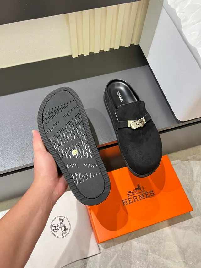 Hermès Black Silver Leather Upper Metal H-Buckle Strap Loafer 2