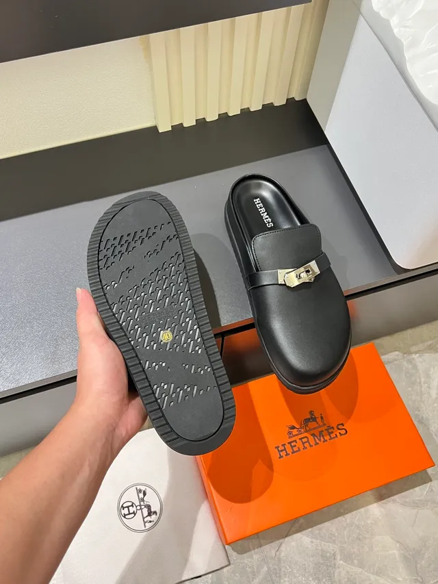 Hermès Black Silver Leather Upper Metal H-Buckle Strap Loafer 4
