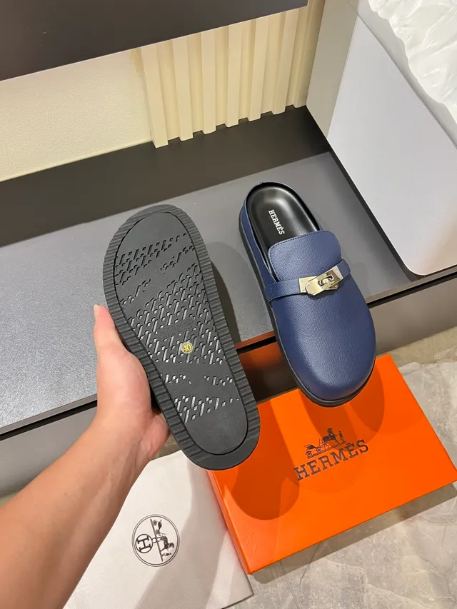 Hermès Black Silver Leather Upper Metal H-Buckle Strap Loafer 6