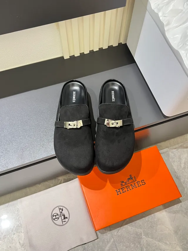 Hermès Black Silver Leather Upper Metal H-Buckle Strap Loafer 7