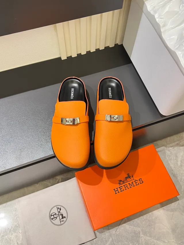 Hermès Black Silver Leather Upper Metal H-Buckle Strap Loafer 8