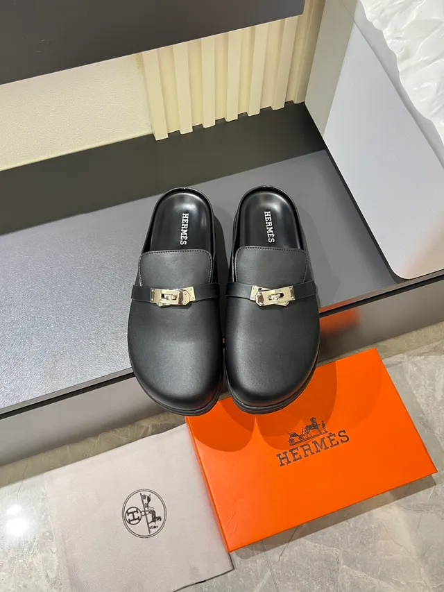 Hermès Black Silver Leather Upper Metal H-Buckle Strap Loafer 9