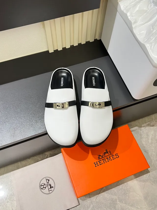 Hermès Black Silver Leather Upper Metal H-Buckle Strap Loafer 10