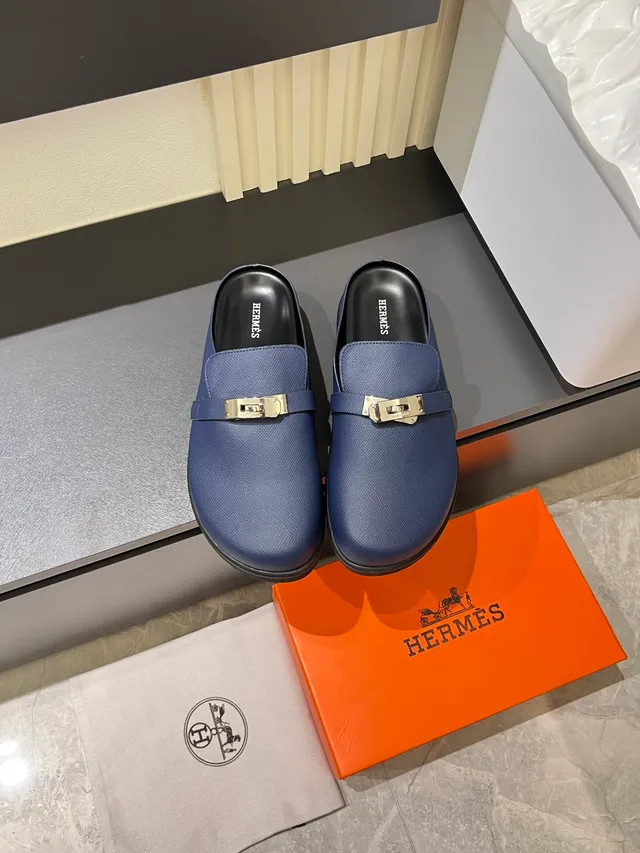 Hermès Black Silver Leather Upper Metal H-Buckle Strap Loafer 11
