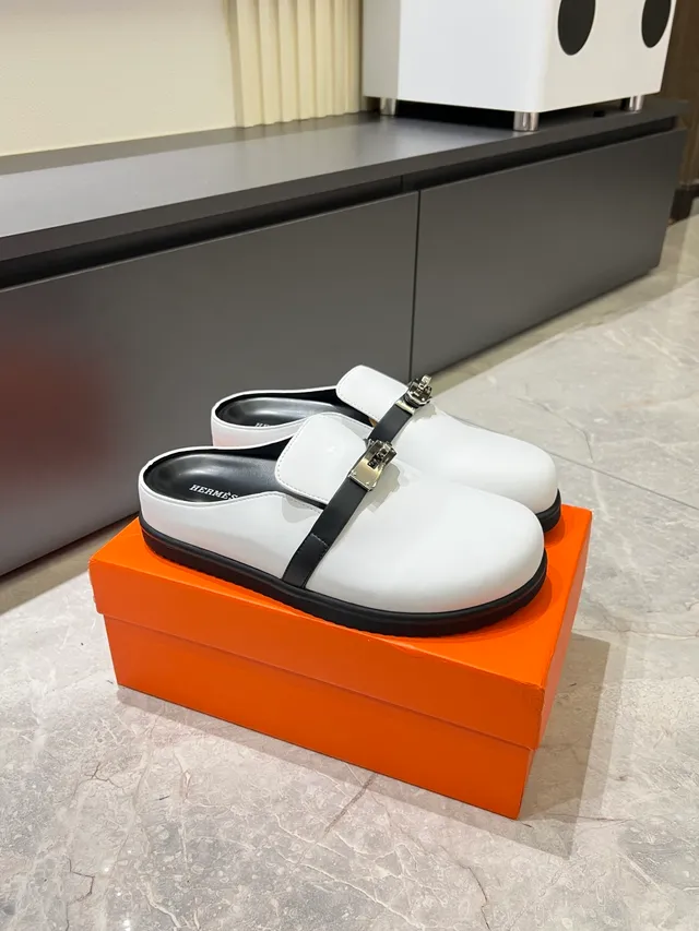 Hermès Black Silver Leather Upper Metal H-Buckle Strap Loafer 15