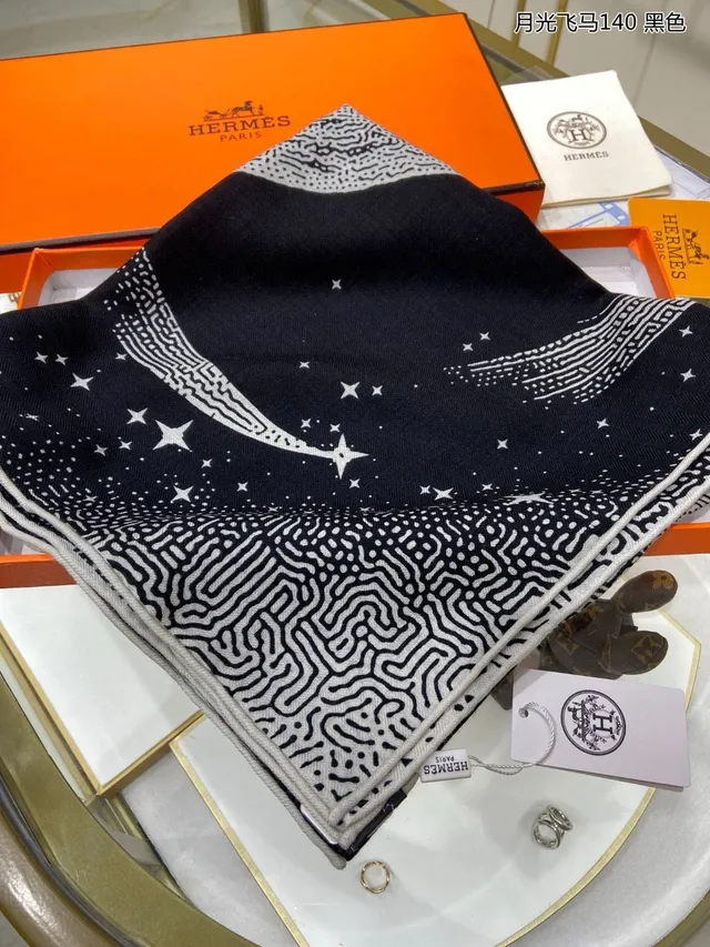 Hermès Black White Base Star Motifs Silk Scarf 5
