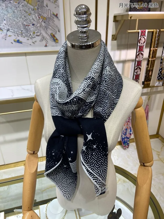 Hermès Black White Base Star Motifs Silk Scarf 6