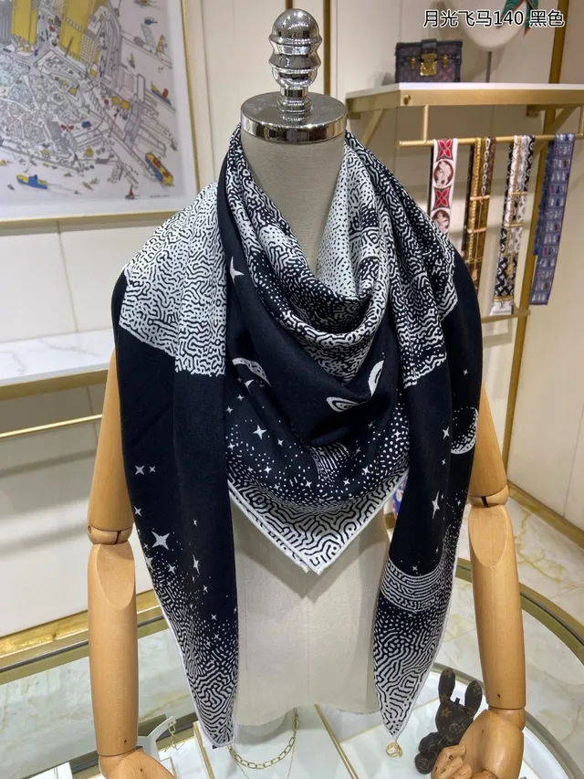 Hermès Black White Base Star Motifs Silk Scarf 7