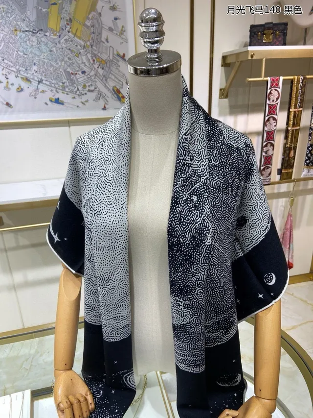 Hermès Black White Base Star Motifs Silk Scarf 8
