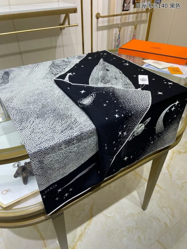 Hermès Black White Base Star Motifs Silk Scarf 9