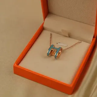Hermès Blue Gold H-Shaped Pendant Turquoise Enamel Inlay Necklace
