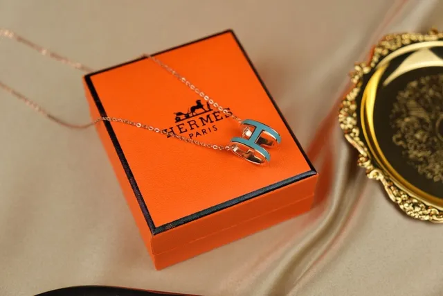 Hermès Blue Gold H-Shaped Pendant Turquoise Enamel Inlay Necklace 2