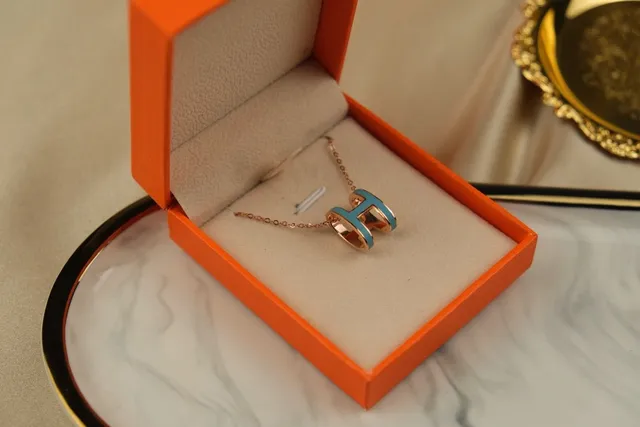 Hermès Blue Gold H-Shaped Pendant Turquoise Enamel Inlay Necklace 4