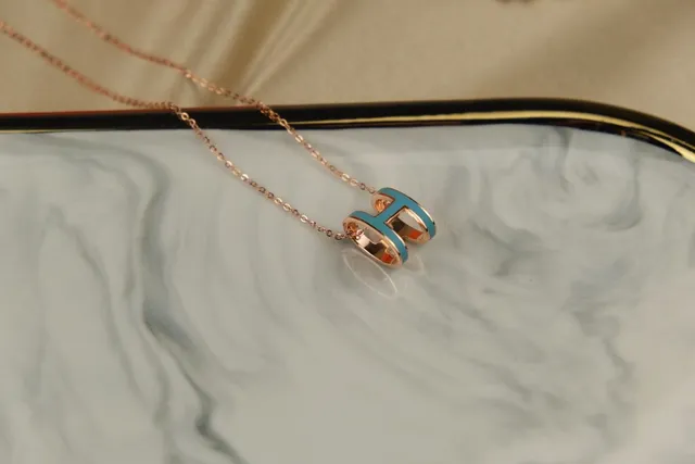 Hermès Blue Gold H-Shaped Pendant Turquoise Enamel Inlay Necklace 5