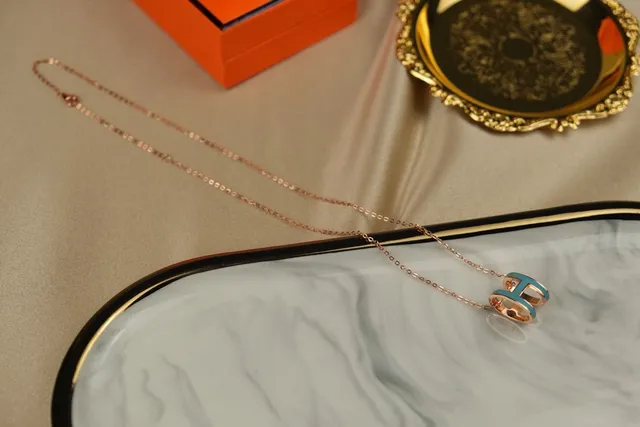 Hermès Blue Gold H-Shaped Pendant Turquoise Enamel Inlay Necklace 6