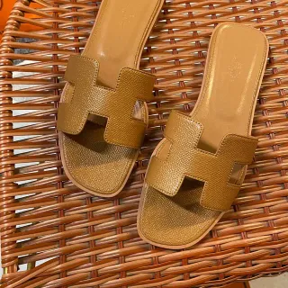 Hermès Brown Beige H-Shaped Strap Textured Leather Slippers