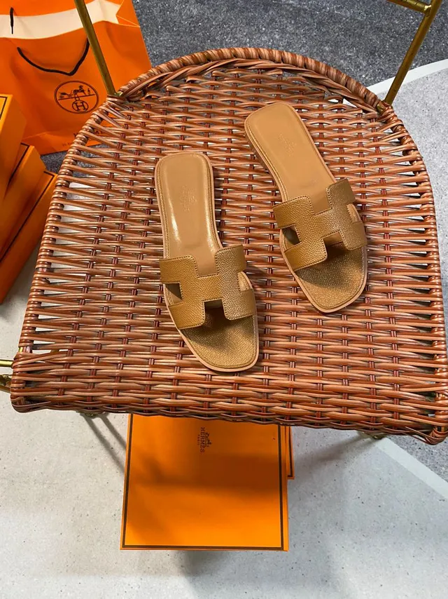 Hermès Brown Beige H-Shaped Strap Textured Leather Slippers 6