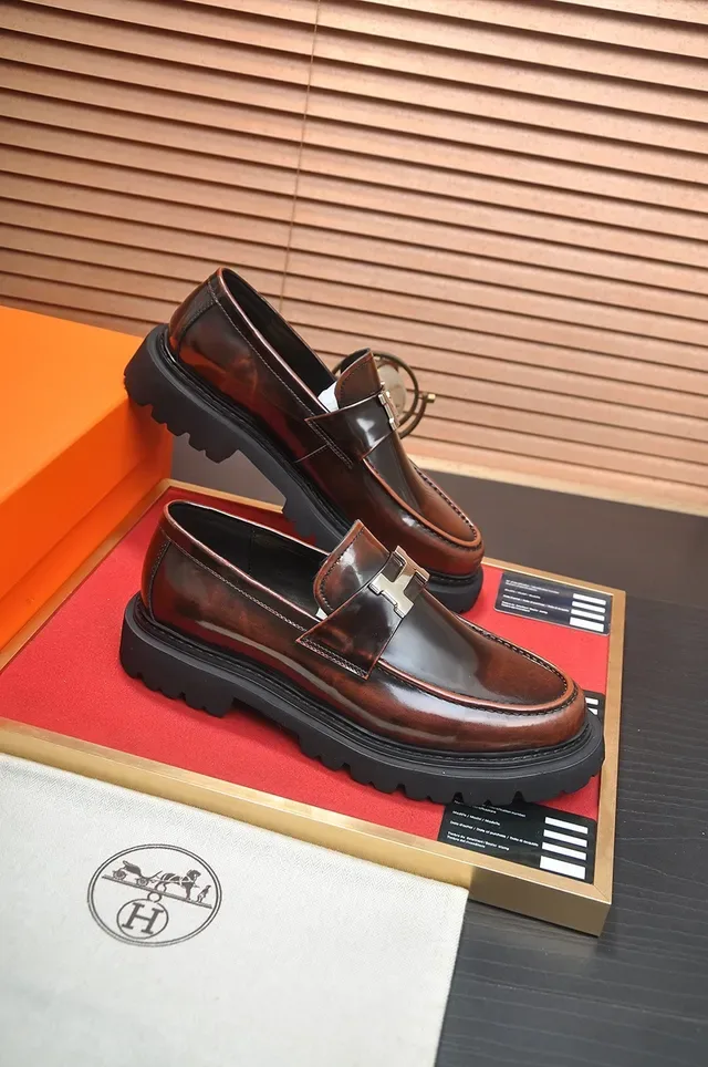 Hermès Marrom Preto Couro Polido Cinto H-Buckle Loafer 4