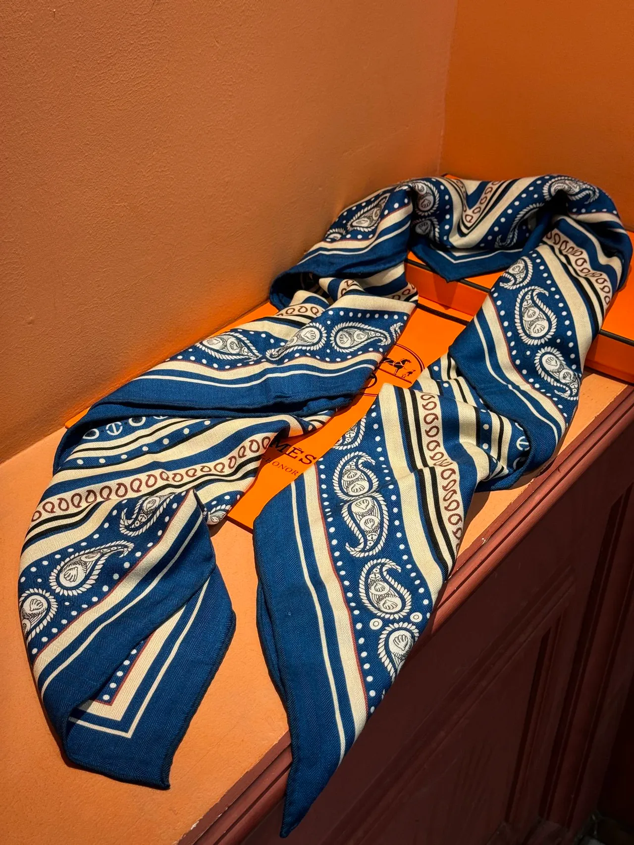 Hermès Carte Marine Navy Blue Silk Scarf 7