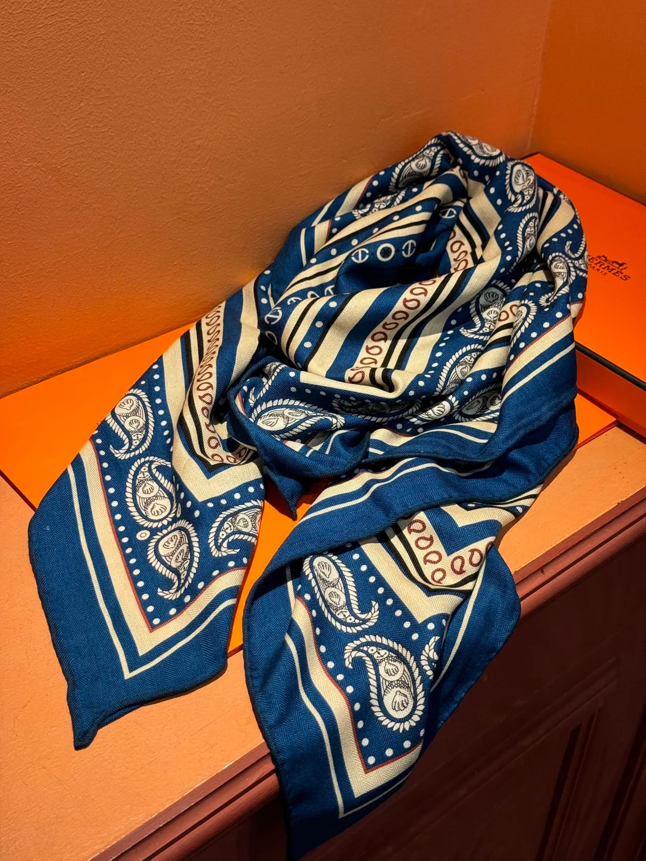 Hermès Carte Marine Navy Blue Silk Scarf 8