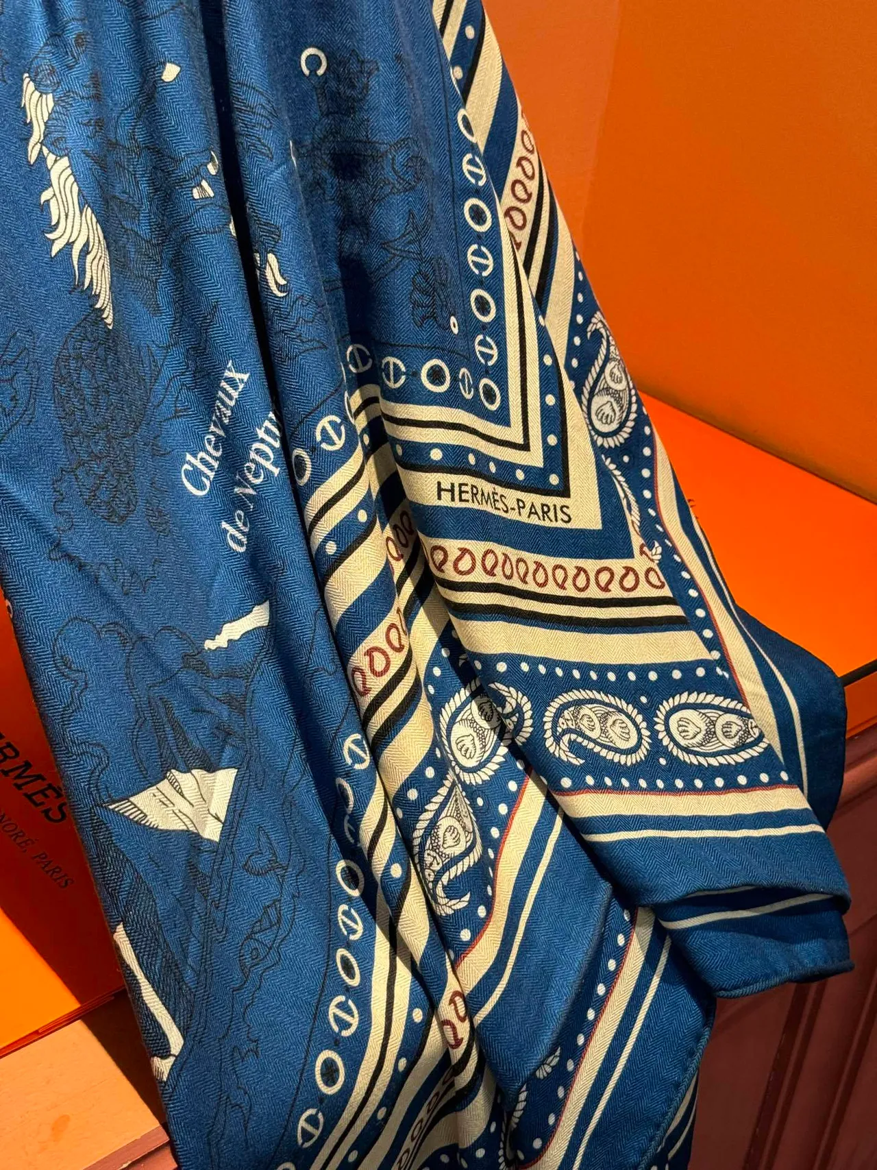 Hermès Carte Marine Navy Blue Silk Scarf 9