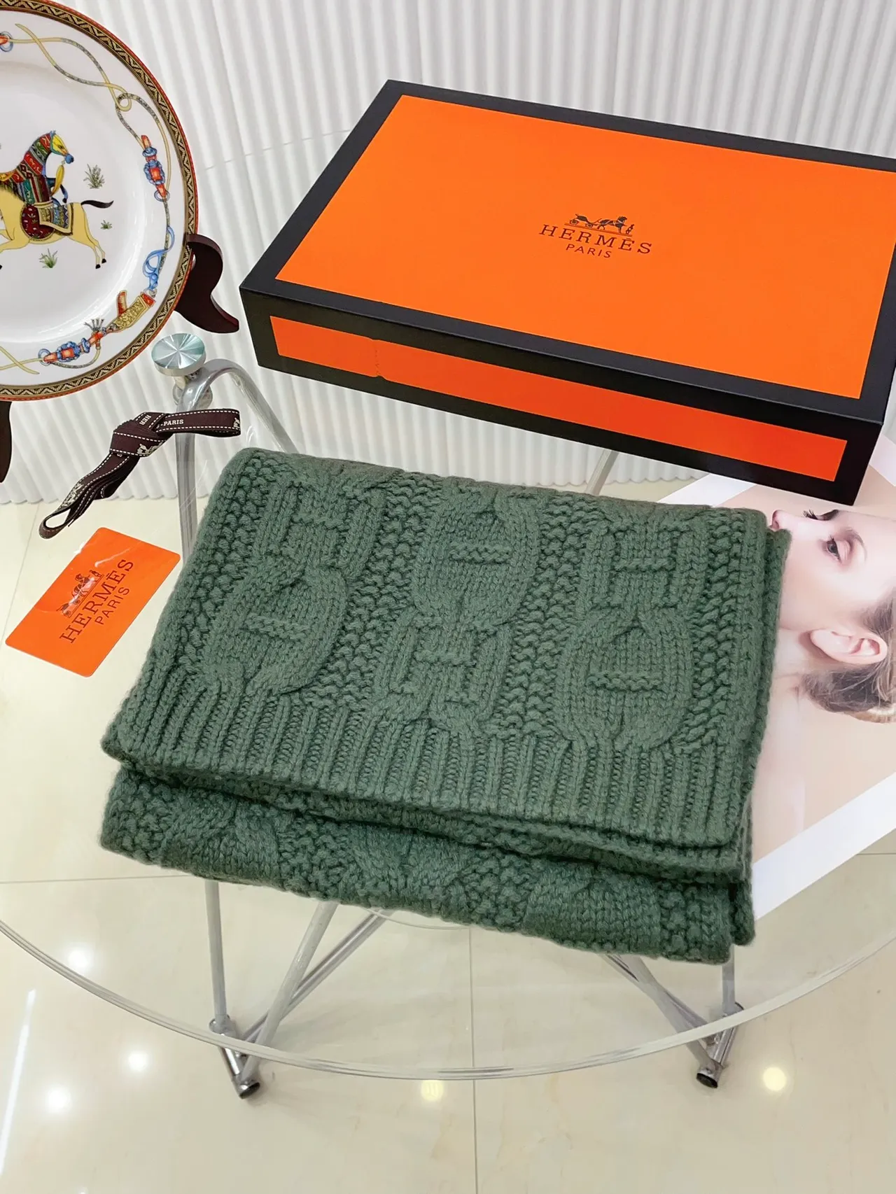 Hermès Chaîne d'Ancre Écharpe en cachemira vert militaire 6