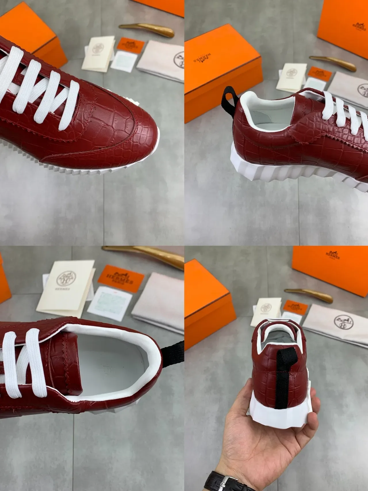 Hermès Croc-Embossed Red and White Lifestyle Sneakers 3