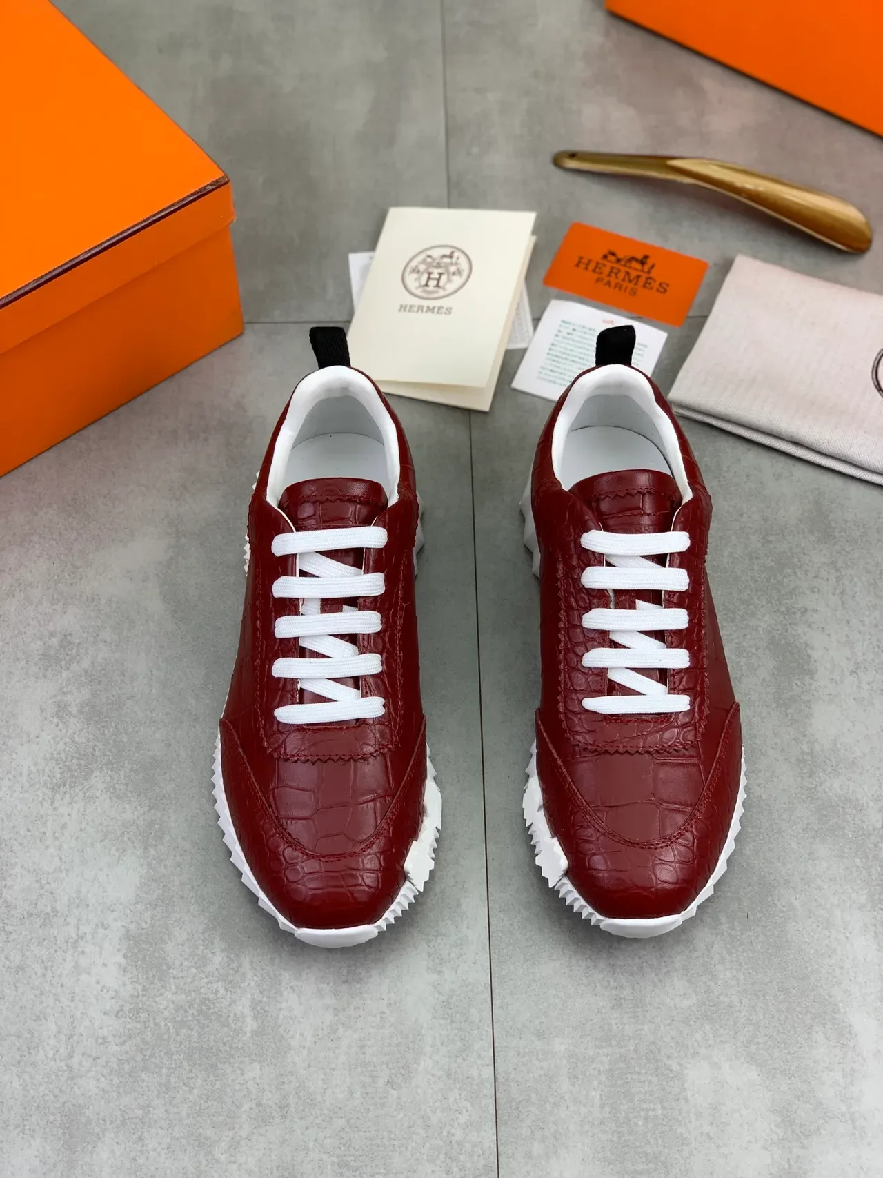 Hermès Croc-Embossed Red and White Lifestyle Sneakers 5