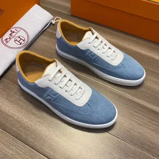 Hermès Denim and White Leather Low-Top Lifestyle Sneakers