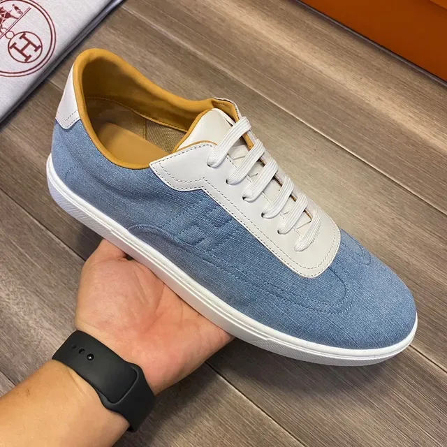 Hermès Denim and White Leather Low-Top Lifestyle Sneakers 2