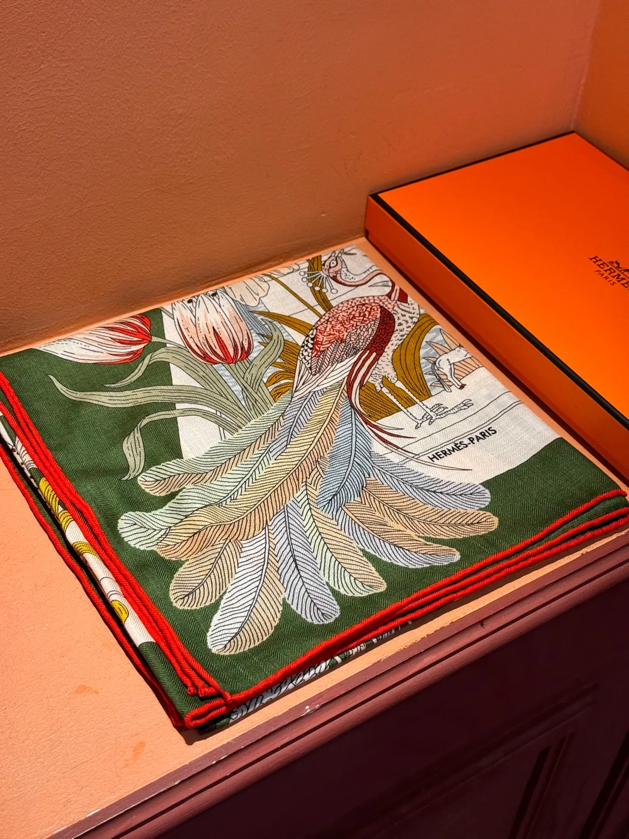 Hermès Vert Rouge Illustratif Zoologique Botanique Imprimé Motif Jardin Multi-Niveaux Écharpe en Soie 6