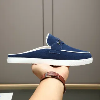 Hermès H-Buckle Mulas Camurça Azul Marinho Solado Branco Loafers