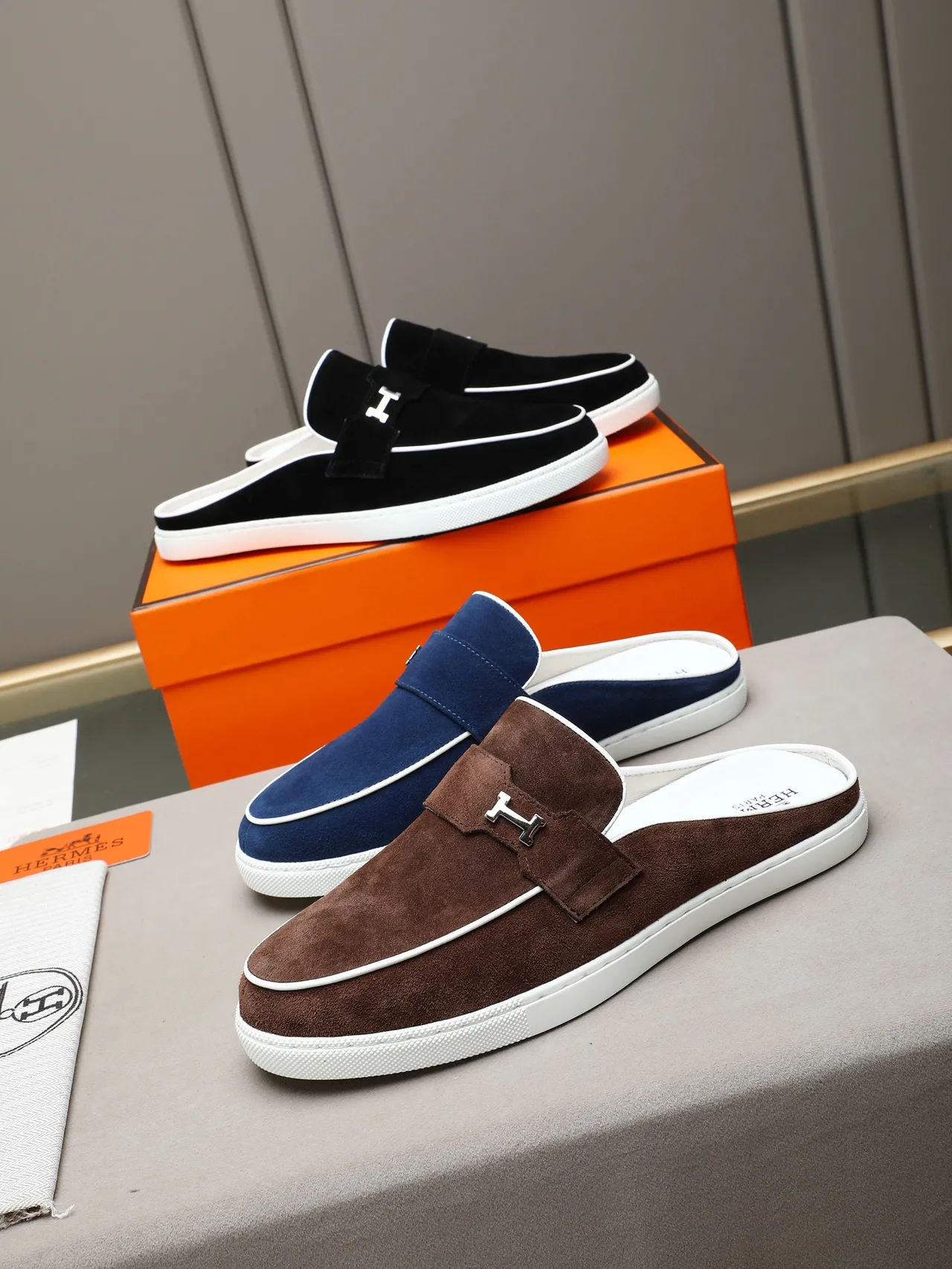 Hermès H-Buckle Mule Navy Suede White Sole Loafers 2