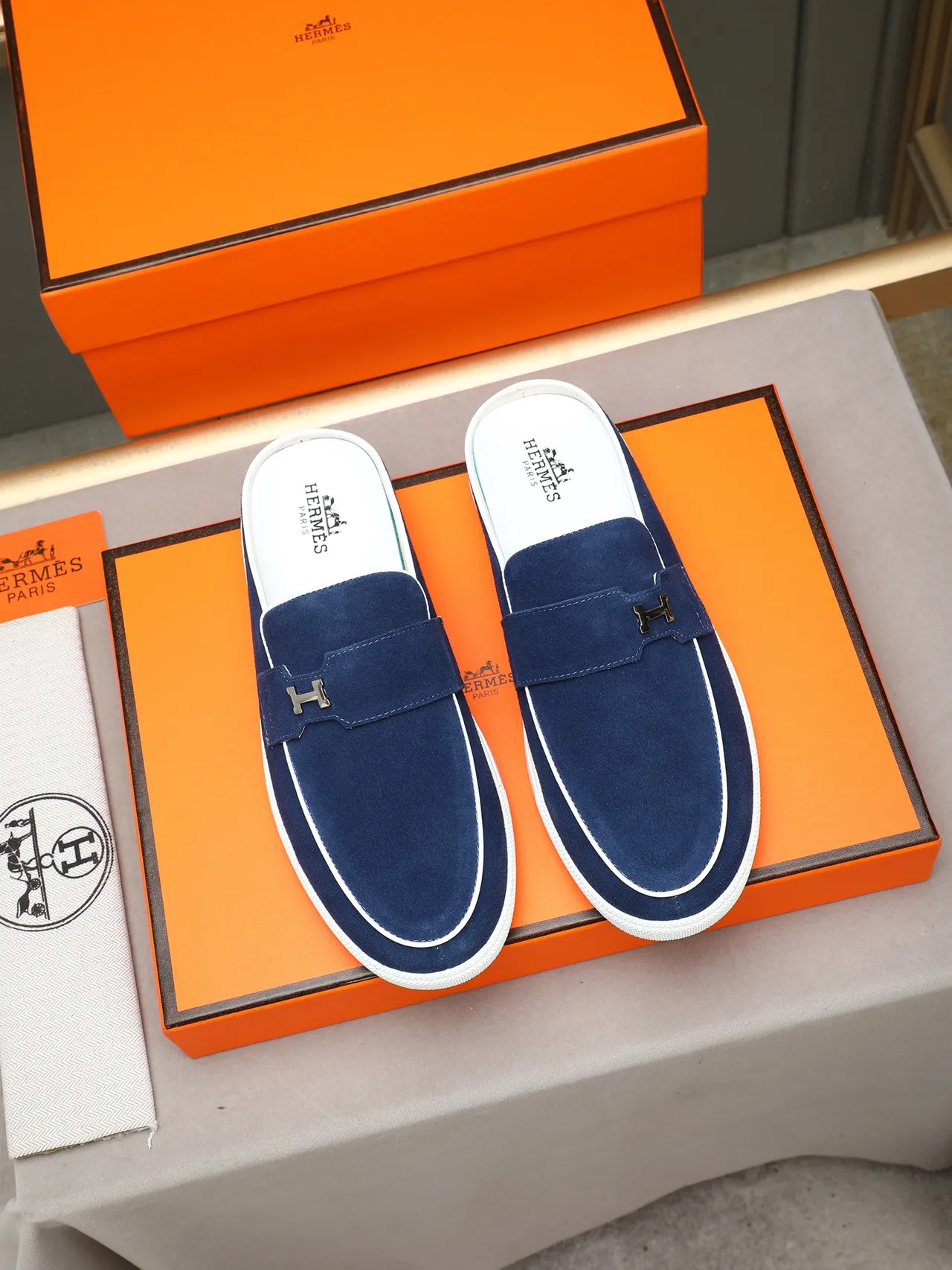 Hermès H-Buckle Mule Navy Suede White Sole Loafers 3