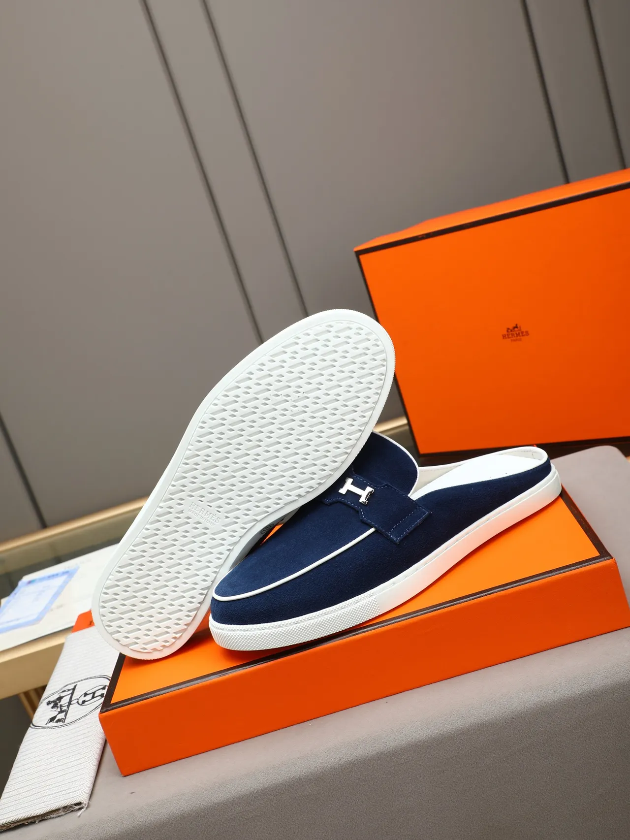 Hermès H-Buckle Mule Navy Suede White Sole Loafers 4