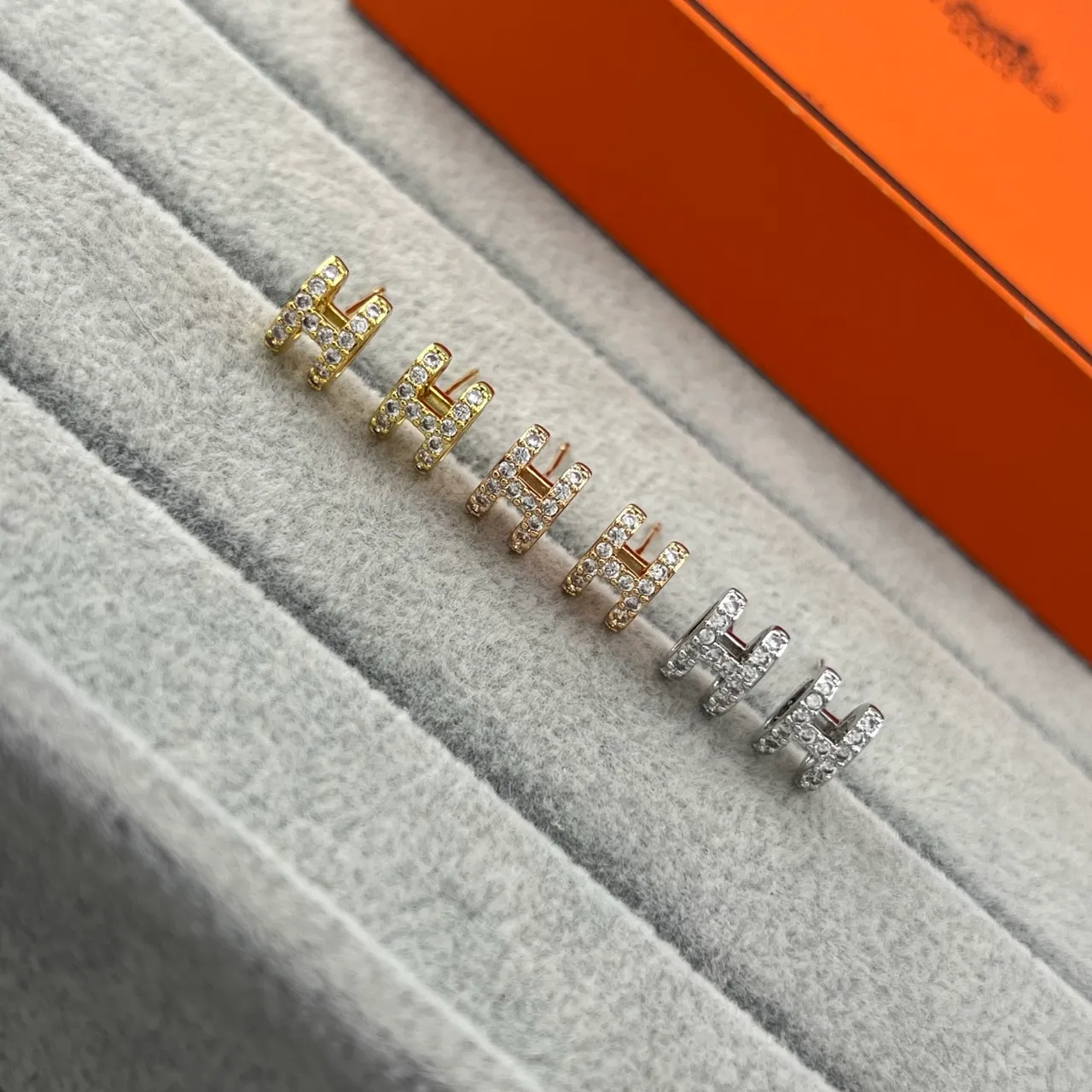 Hermès H Gold Silver Pavé Crystal Earrings 6