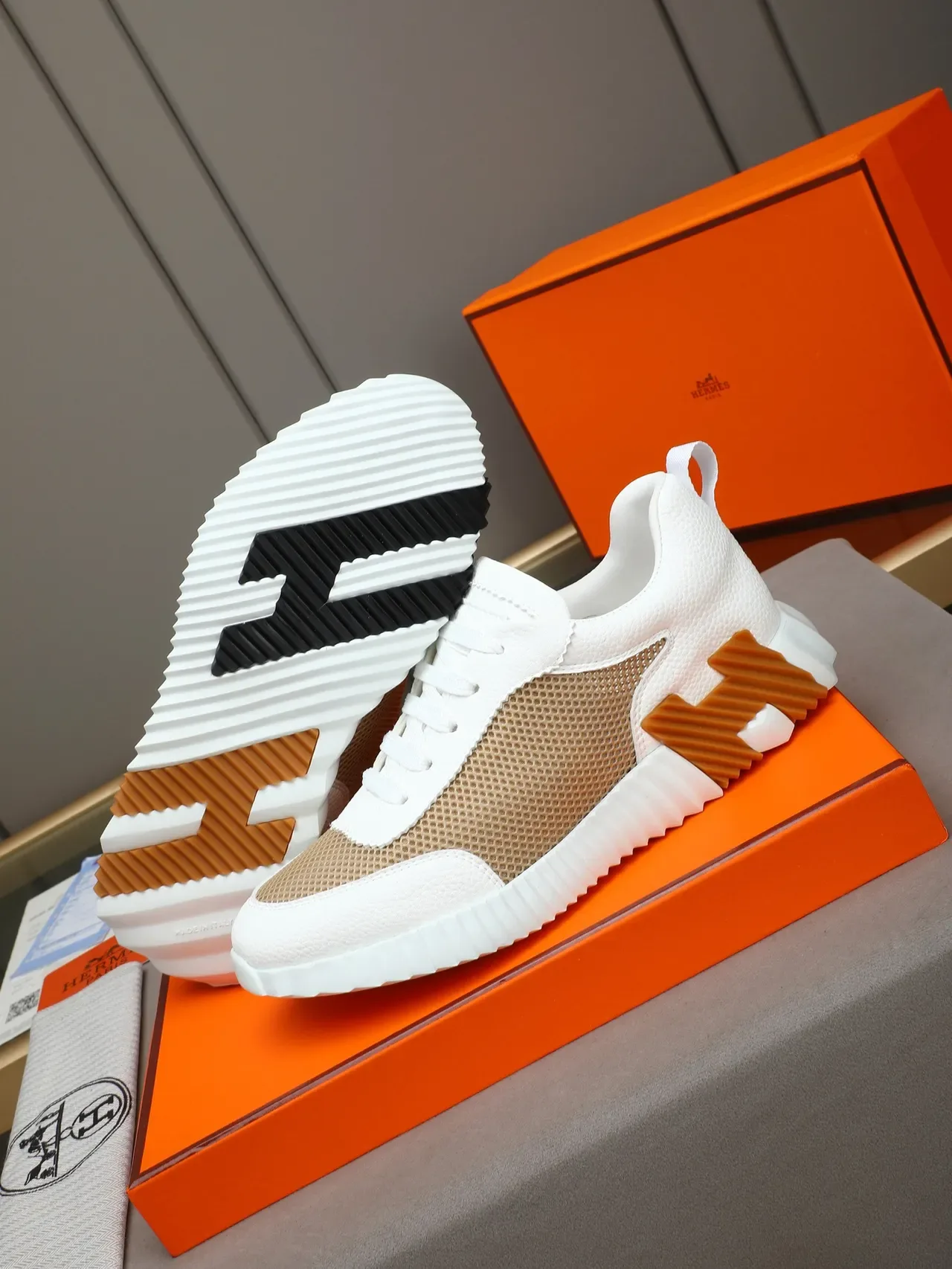 Hermès H Motif White and Beige Mesh Sneaker 4