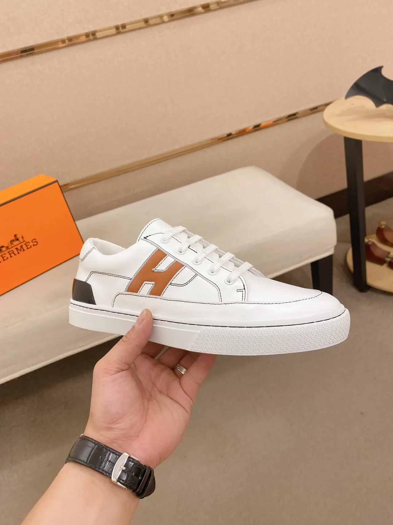 Hermès H Sneaker White Tan Black Lifestyle Sneakers 4